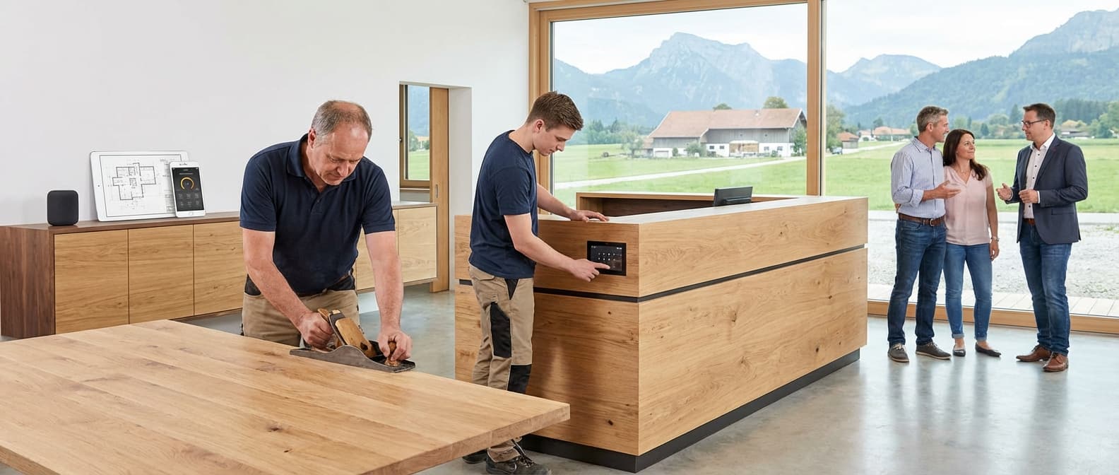 Werkstatt mit Werkbank und Holzarbeiten