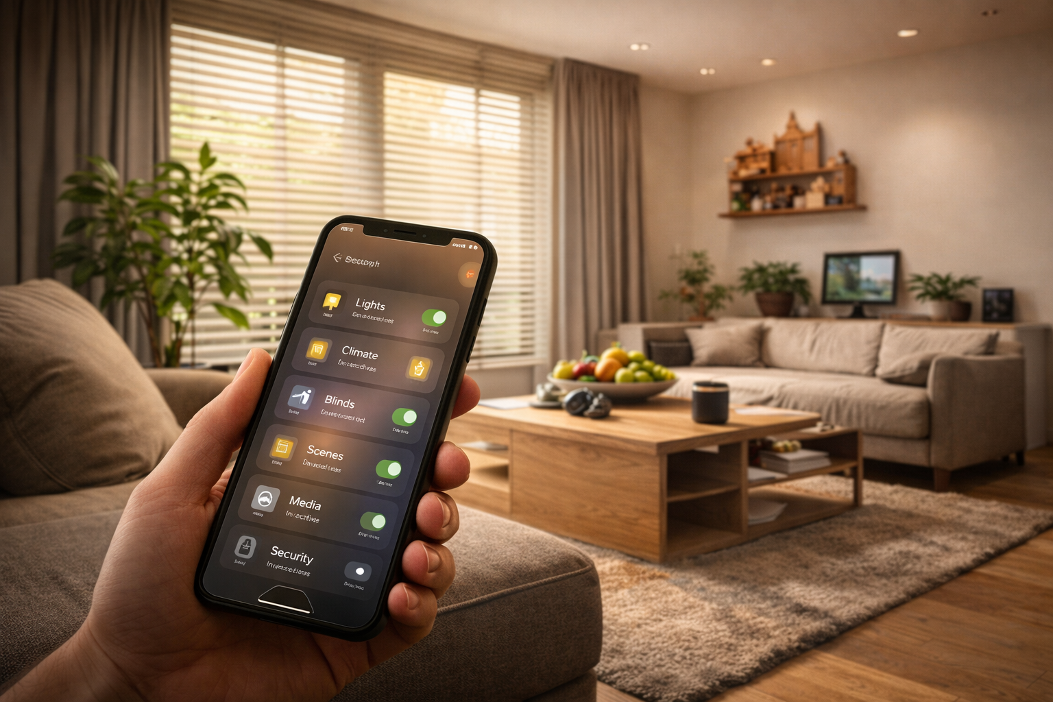 Smart-Home-Steuerung in einem warmen Holzinterieur