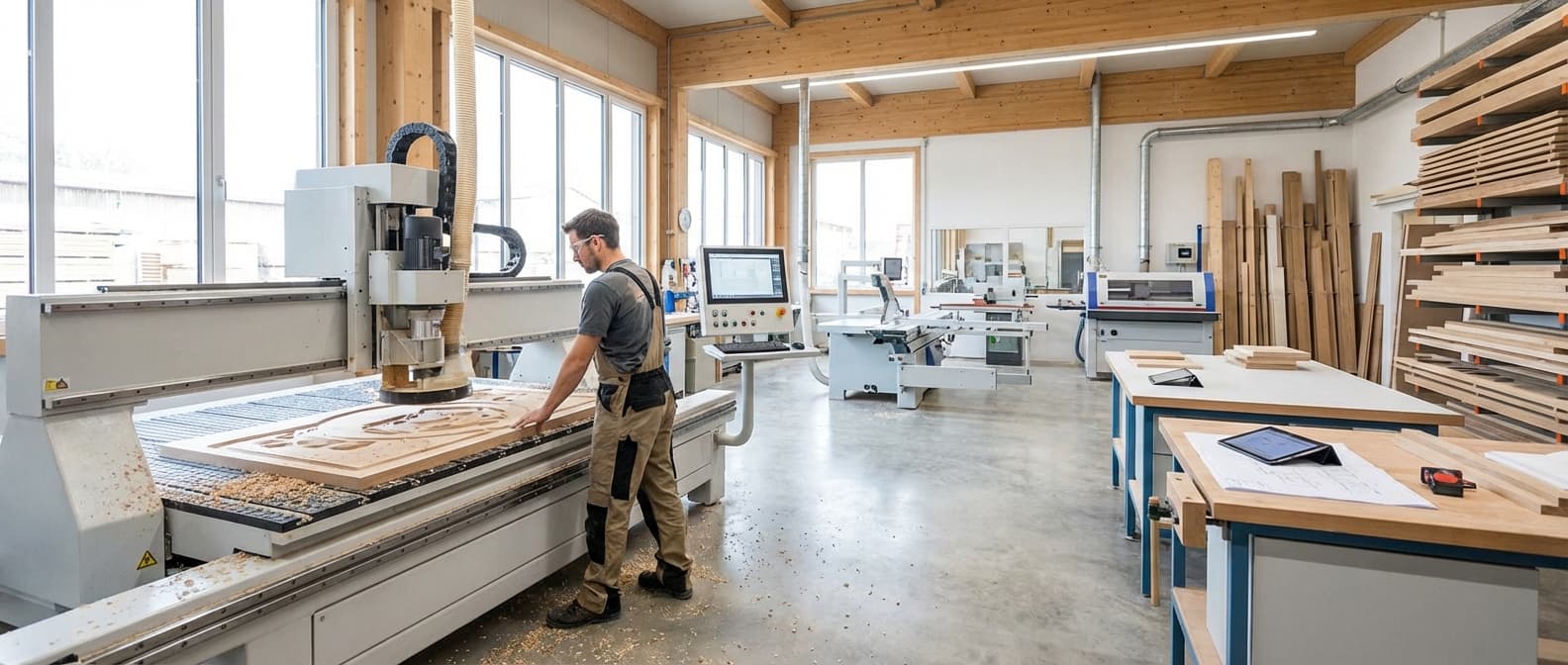 Stilisiertes Werkstattmotiv mit Holzstrukturen